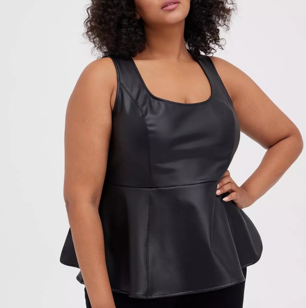 Torrid Plus Size Faux Leather Peplum Top Black Sleeveless Vegan Leather Babydoll
